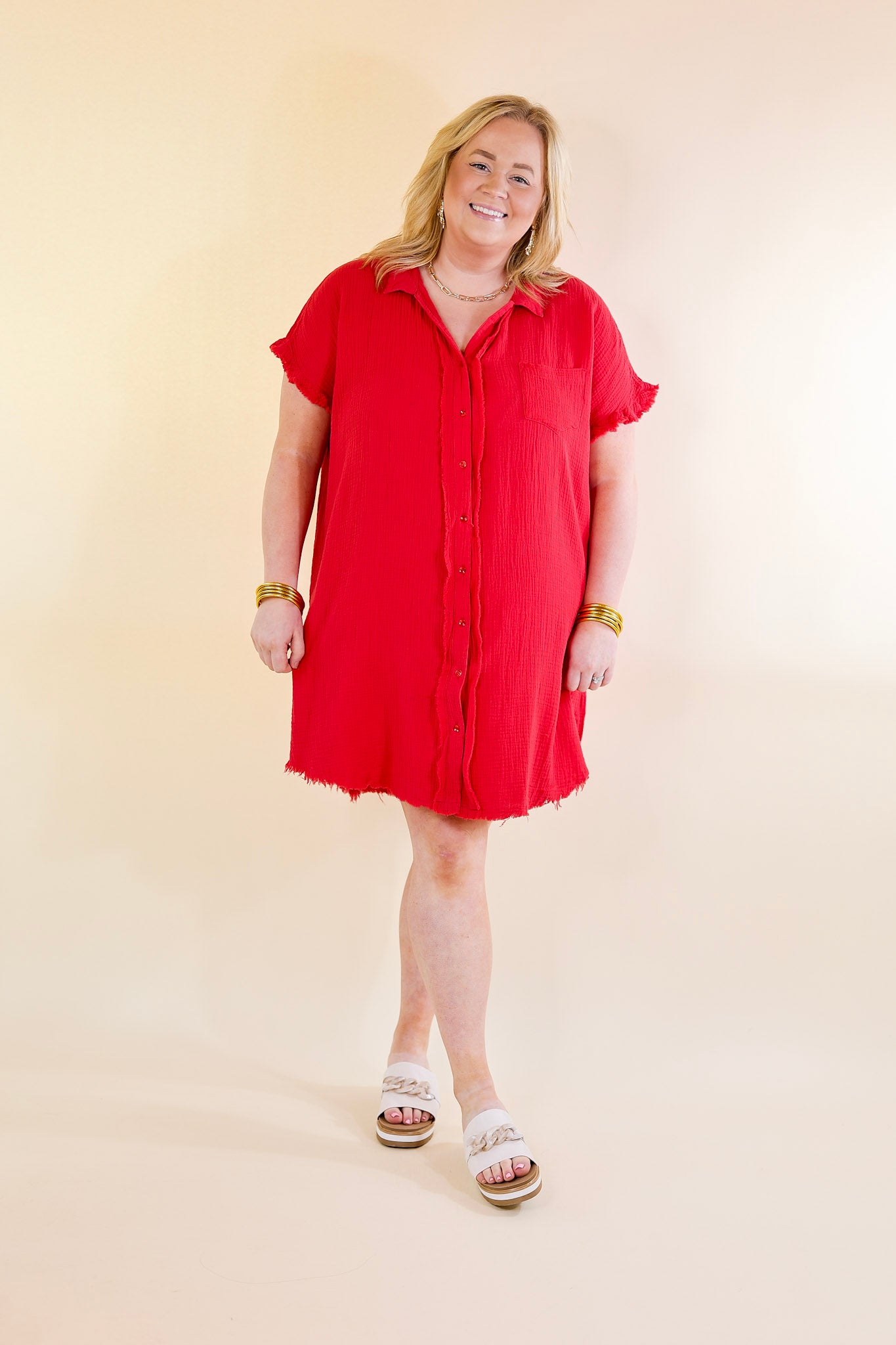 Spring Glow Button Up Raw Hem Dress in Red