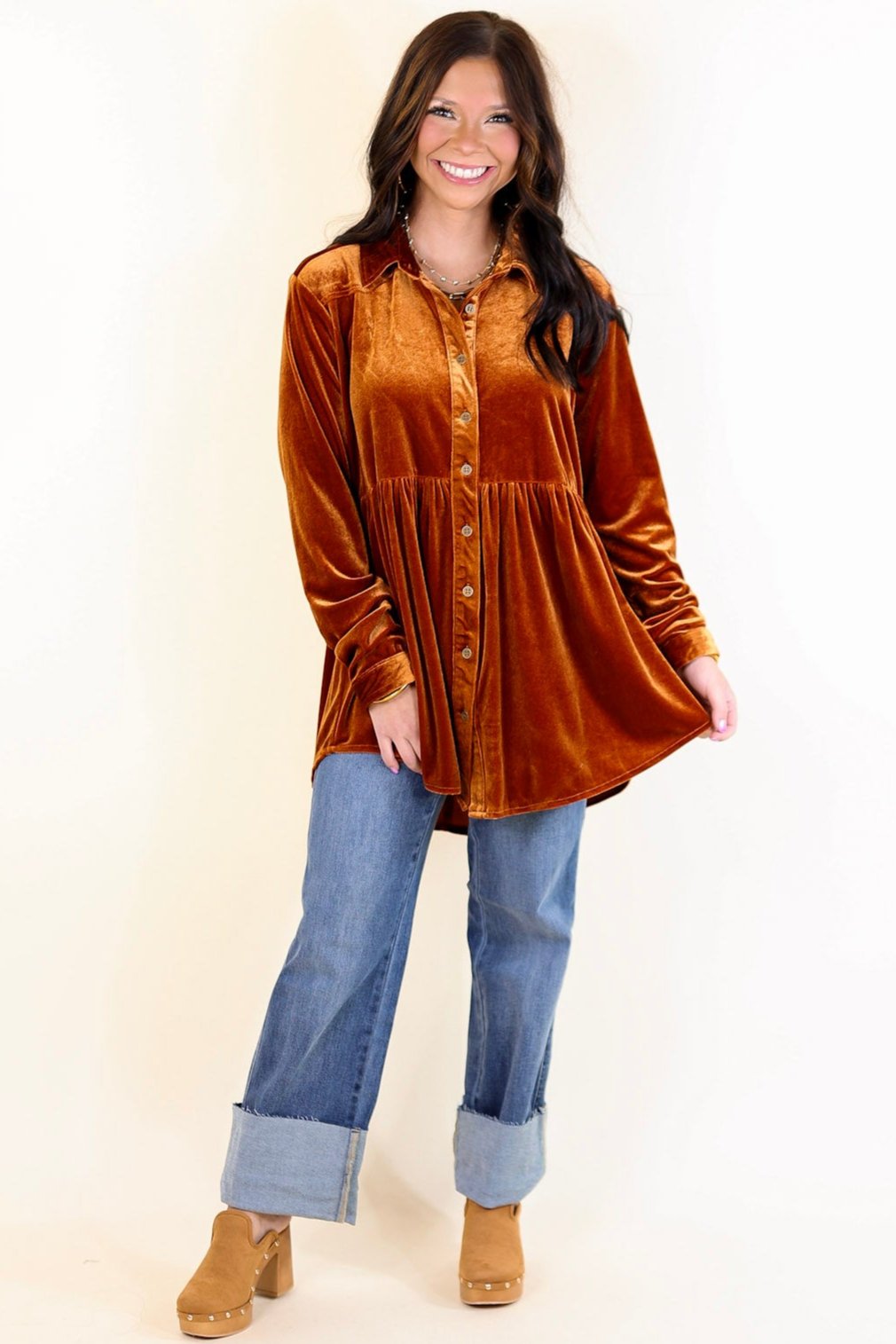 Call Me Yours Button Up Velvet Long Sleeve Babydoll Tunic Top in Burnt Orange