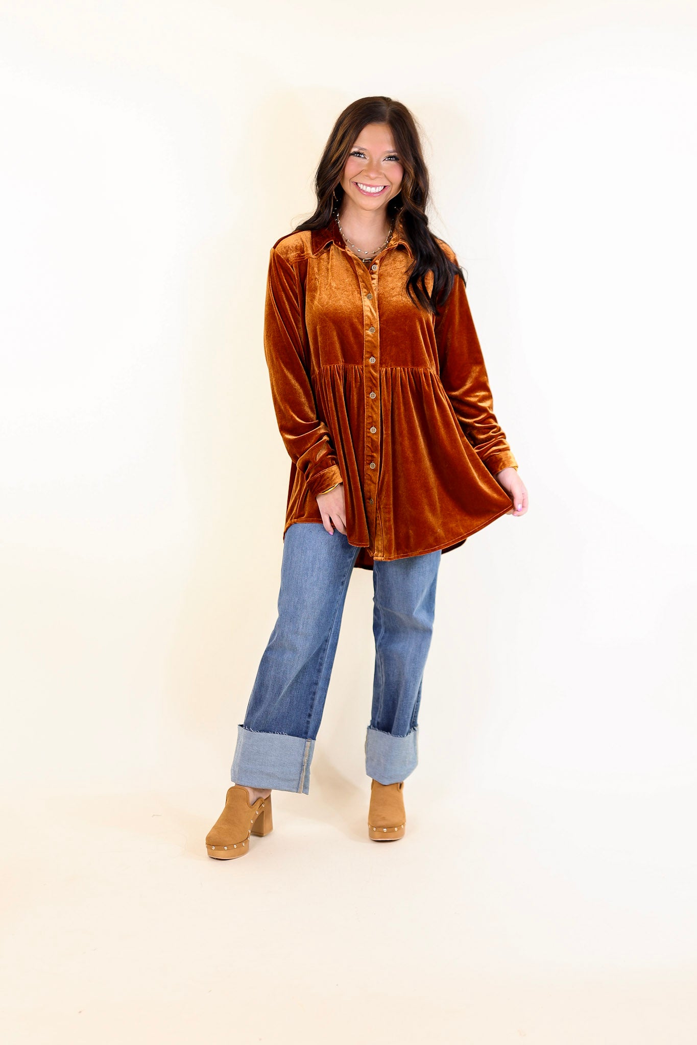 Call Me Yours Button Up Velvet Long Sleeve Babydoll Tunic Top in Burnt Orange