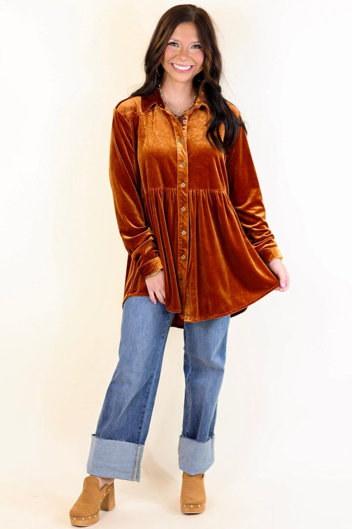 Call Me Yours Button Up Velvet Long Sleeve Babydoll Tunic Top in Burnt Orange