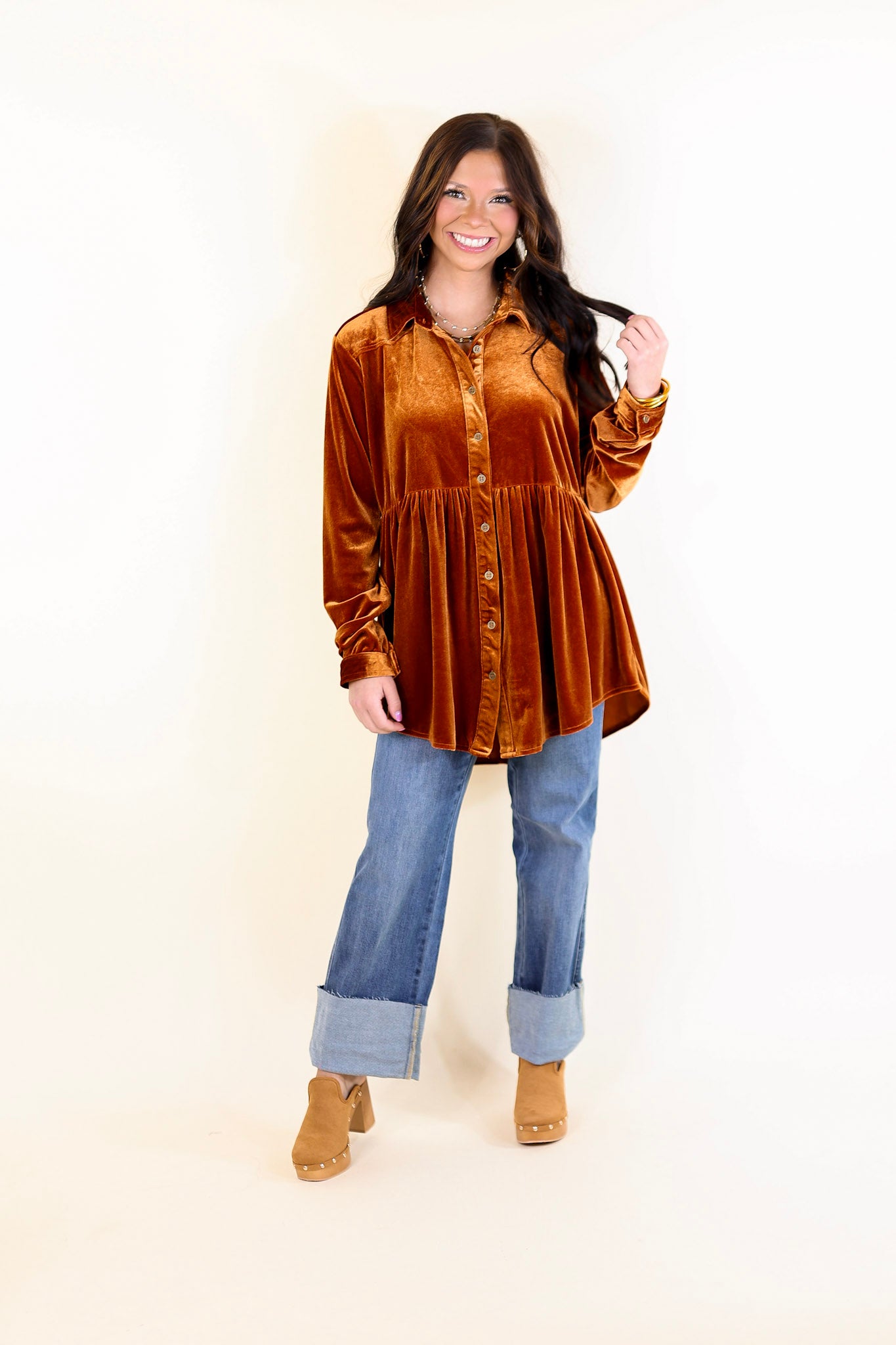 Call Me Yours Button Up Velvet Long Sleeve Babydoll Tunic Top in Burnt Orange