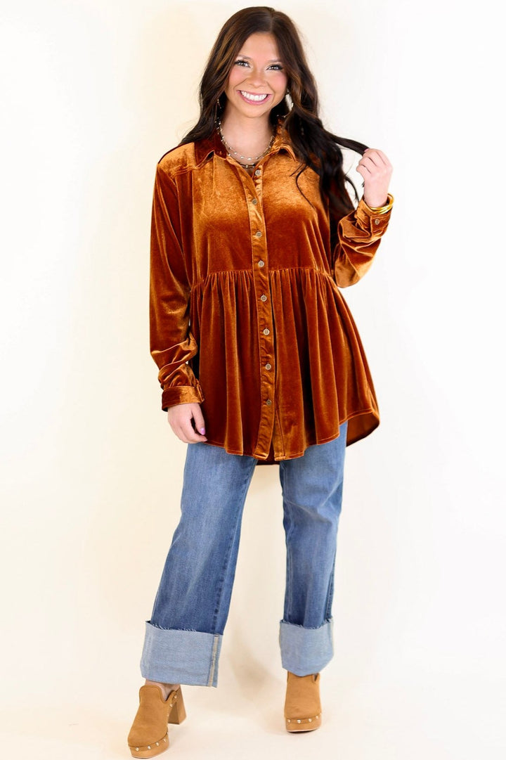 Call Me Yours Button Up Velvet Long Sleeve Babydoll Tunic Top in Burnt Orange