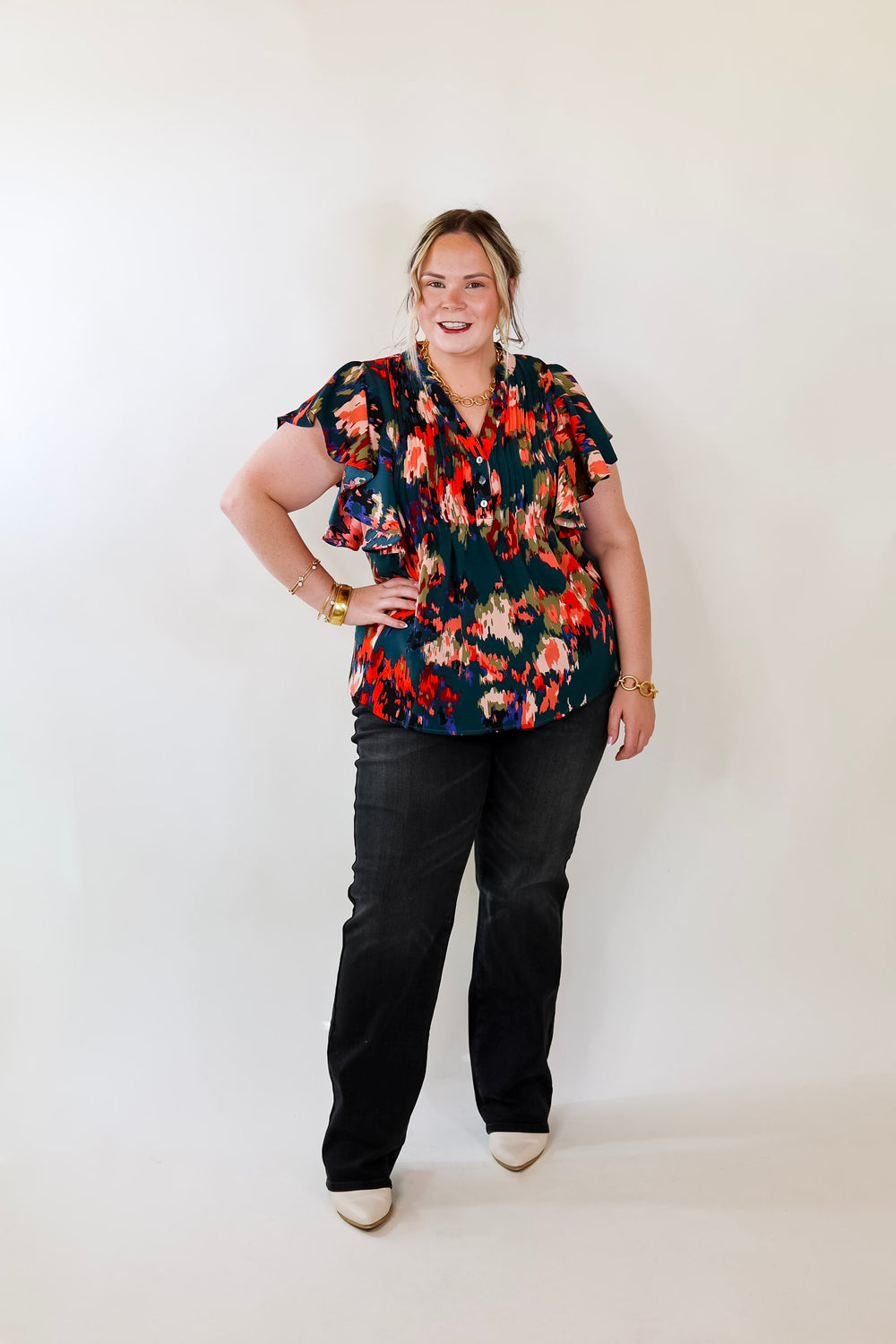 Endless Charisma Short Sleeve Blouse in Dark Teal Green - Giddy Up Glamour Boutique