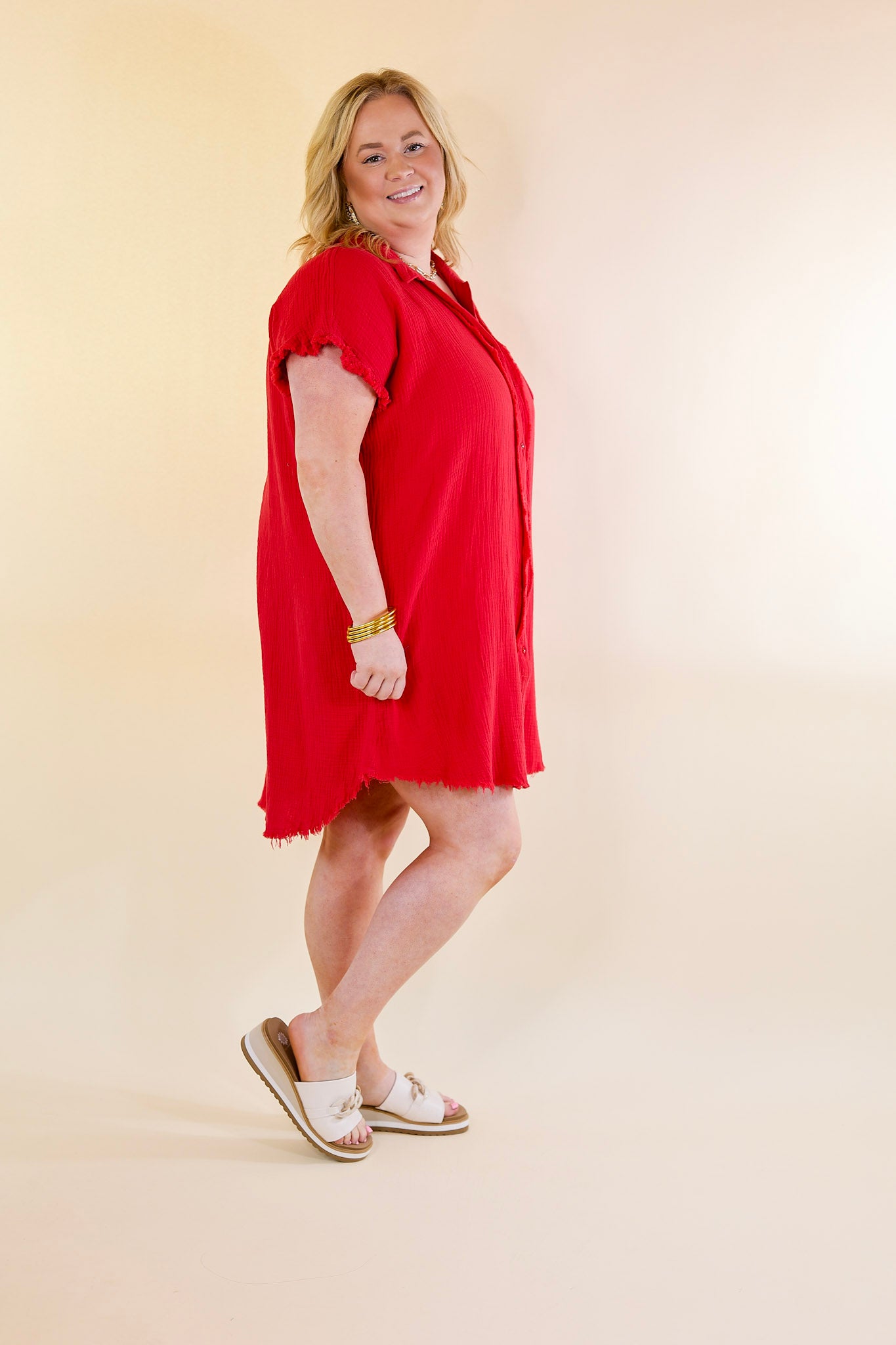 Spring Glow Button Up Raw Hem Dress in Red