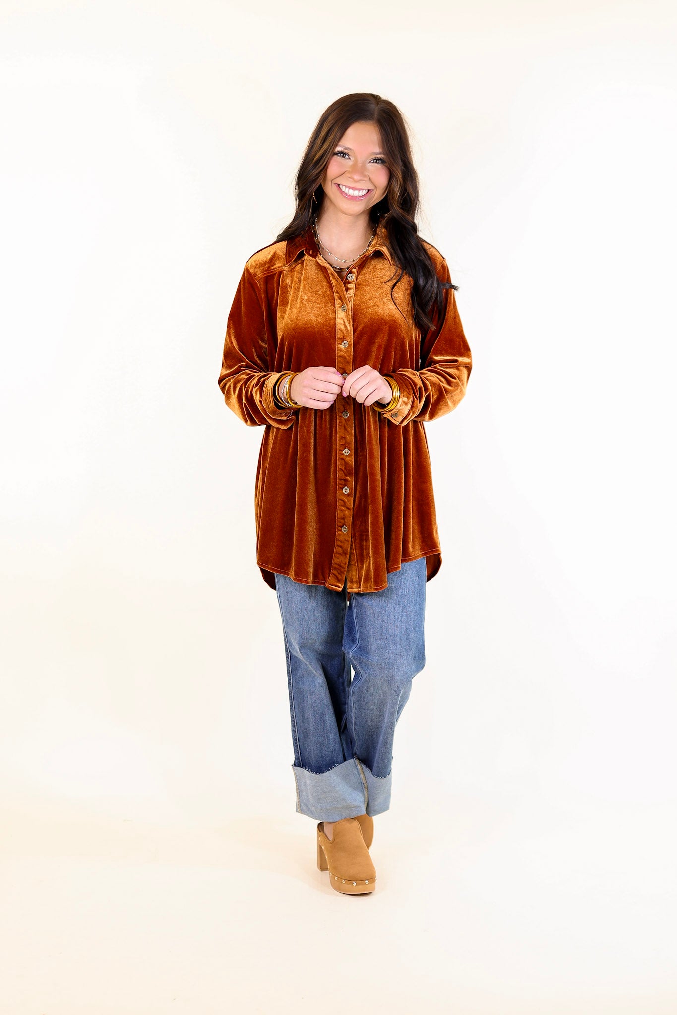 Call Me Yours Button Up Velvet Long Sleeve Babydoll Tunic Top in Burnt Orange