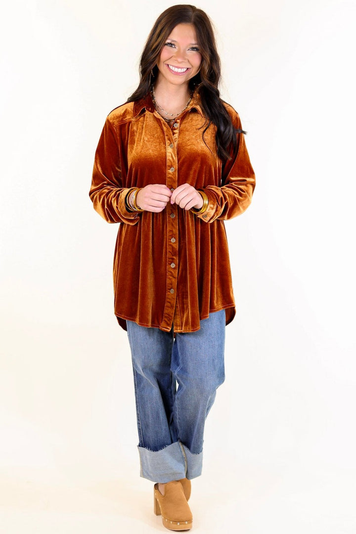 Call Me Yours Button Up Velvet Long Sleeve Babydoll Tunic Top in Burnt Orange