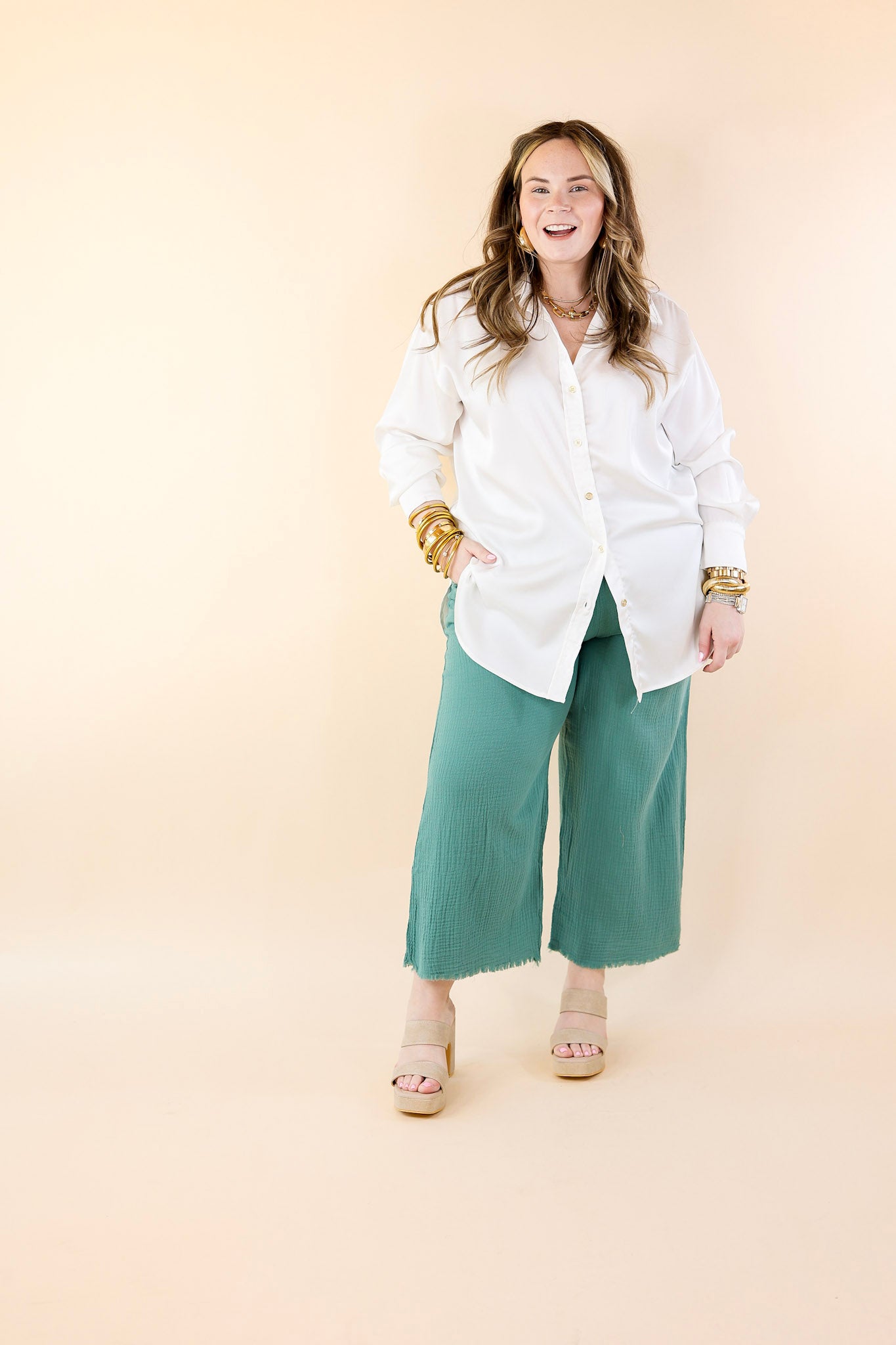 Right On Cue Elastic Waistband Cropped Pants with Frayed Hem in Dusty Green - Giddy Up Glamour Boutique