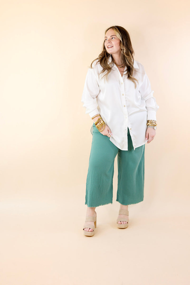 Right On Cue Elastic Waistband Cropped Pants with Frayed Hem in Dusty Green - Giddy Up Glamour Boutique