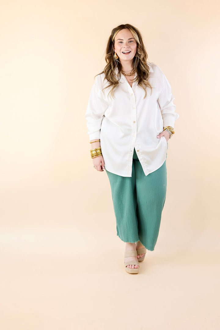 Right On Cue Elastic Waistband Cropped Pants with Frayed Hem in Dusty Green - Giddy Up Glamour Boutique