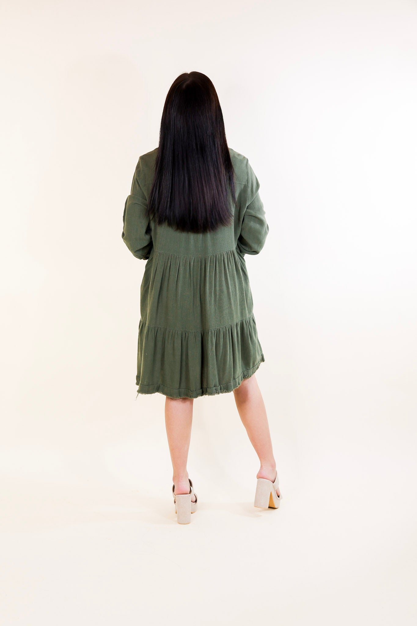 Chic Darling Ruffle Tiered Button Up Dress with Long Sleeves in Olive Green