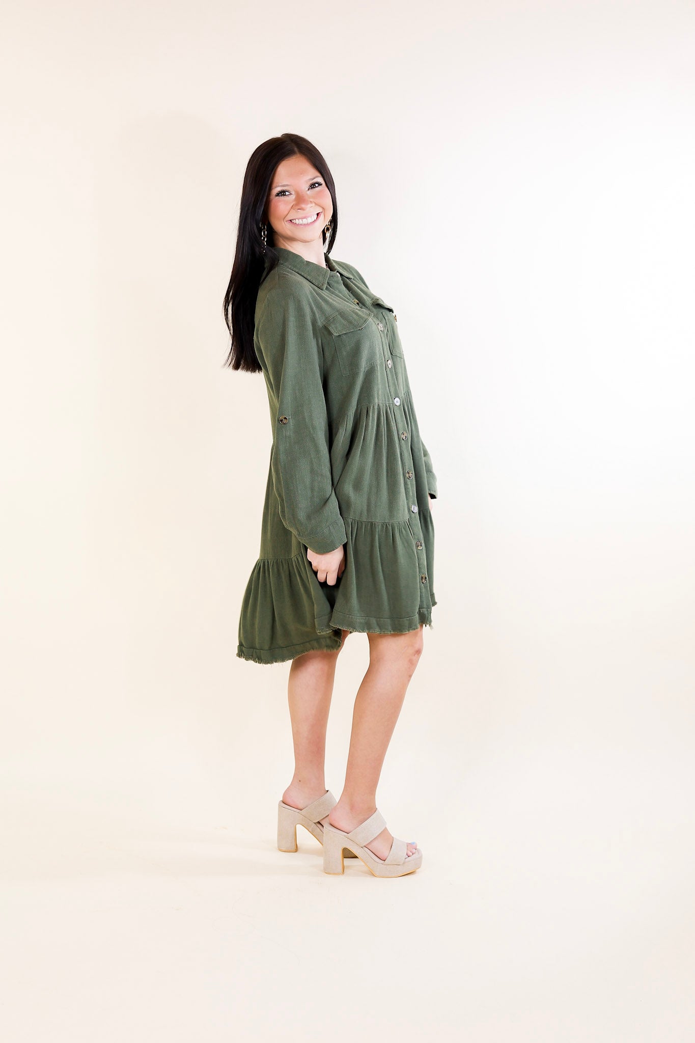 Chic Darling Ruffle Tiered Button Up Dress with Long Sleeves in Olive Green