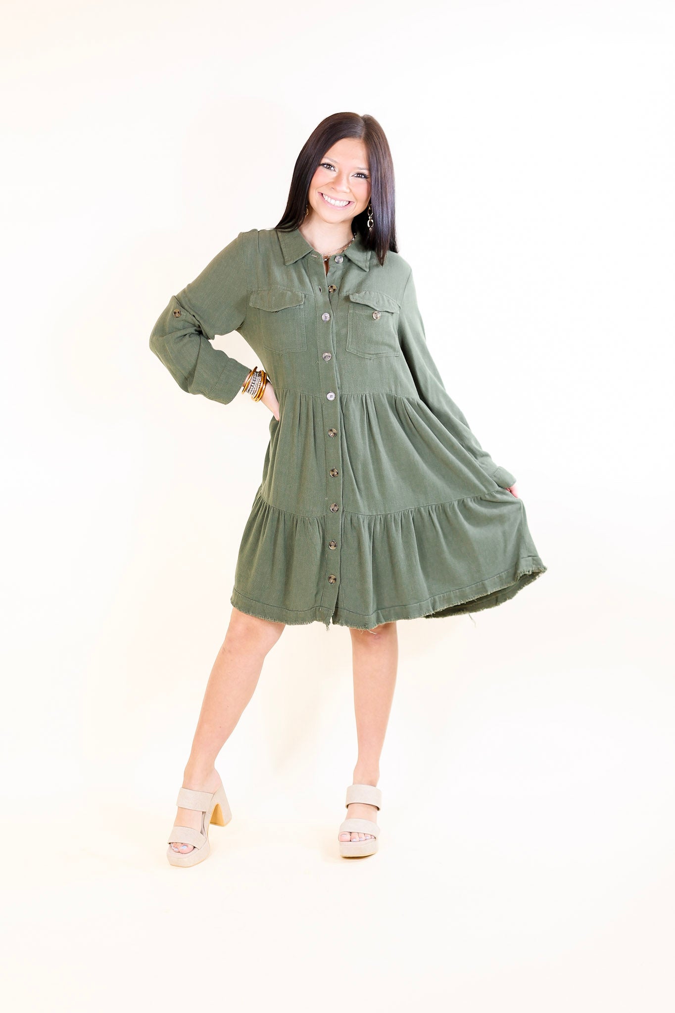 Chic Darling Ruffle Tiered Button Up Dress with Long Sleeves in Olive Green