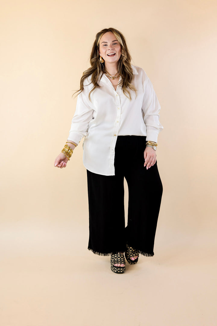 Right On Cue Drawstring Cropped Pants with Frayed Hem in Black - Giddy Up Glamour Boutique