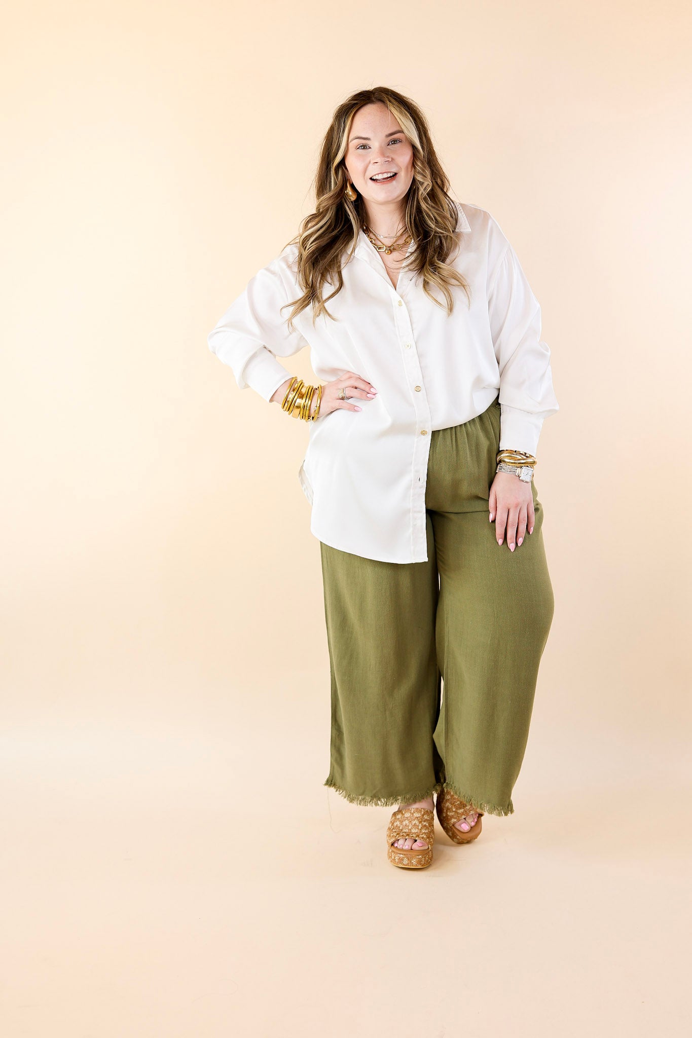 Tell Me Something Good Long Sleeve Button Up Top in Off White - Giddy Up Glamour Boutique