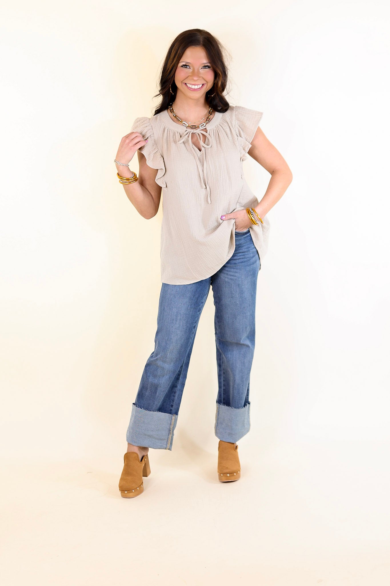 Dual Season Delight Ruffle Cap Sleeve Top with Keyhole and Tie Neckline in Taupe