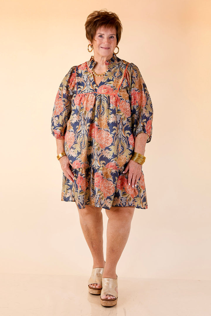 Blooming Days Ahead Floral Print V Neck Dress with Ruffle Trim Collar in Navy Mix