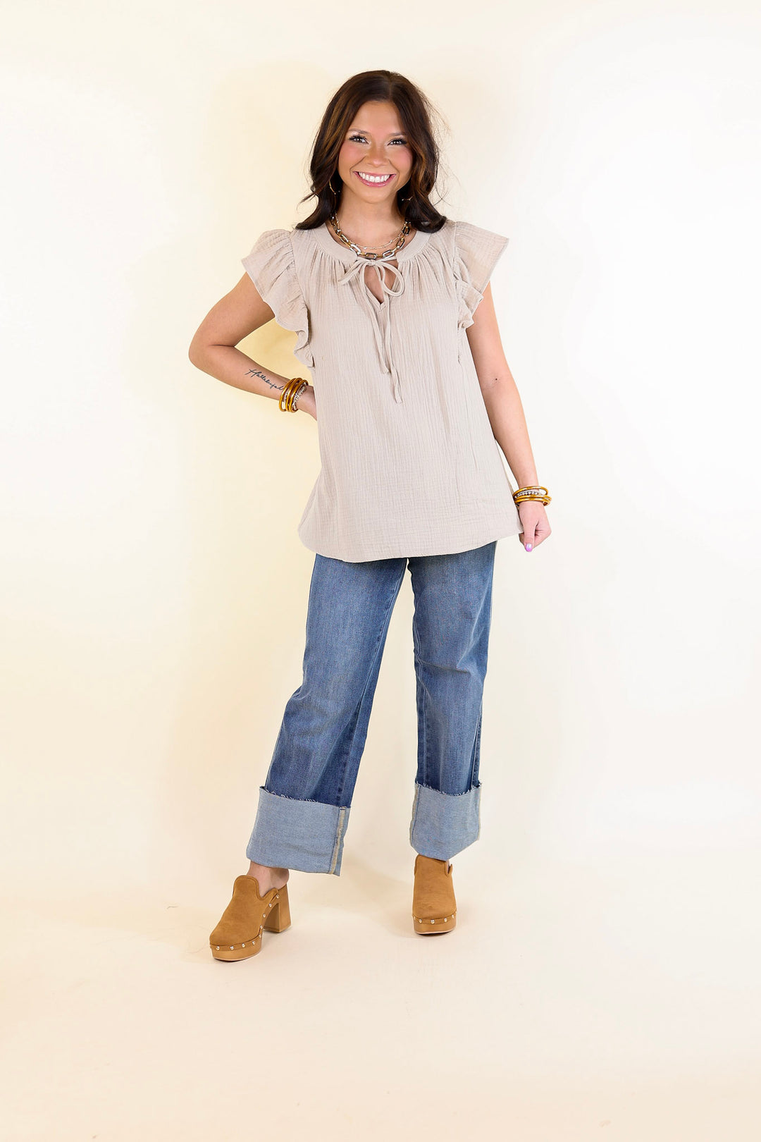 Dual Season Delight Ruffle Cap Sleeve Top with Keyhole and Tie Neckline in Taupe
