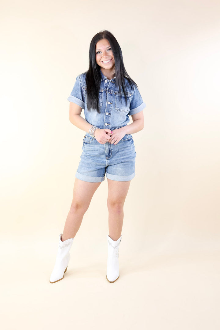 Judy Blue | Sunshine Serenade Short Sleeve Denim Romper in Medium Wash - Giddy Up Glamour Boutique