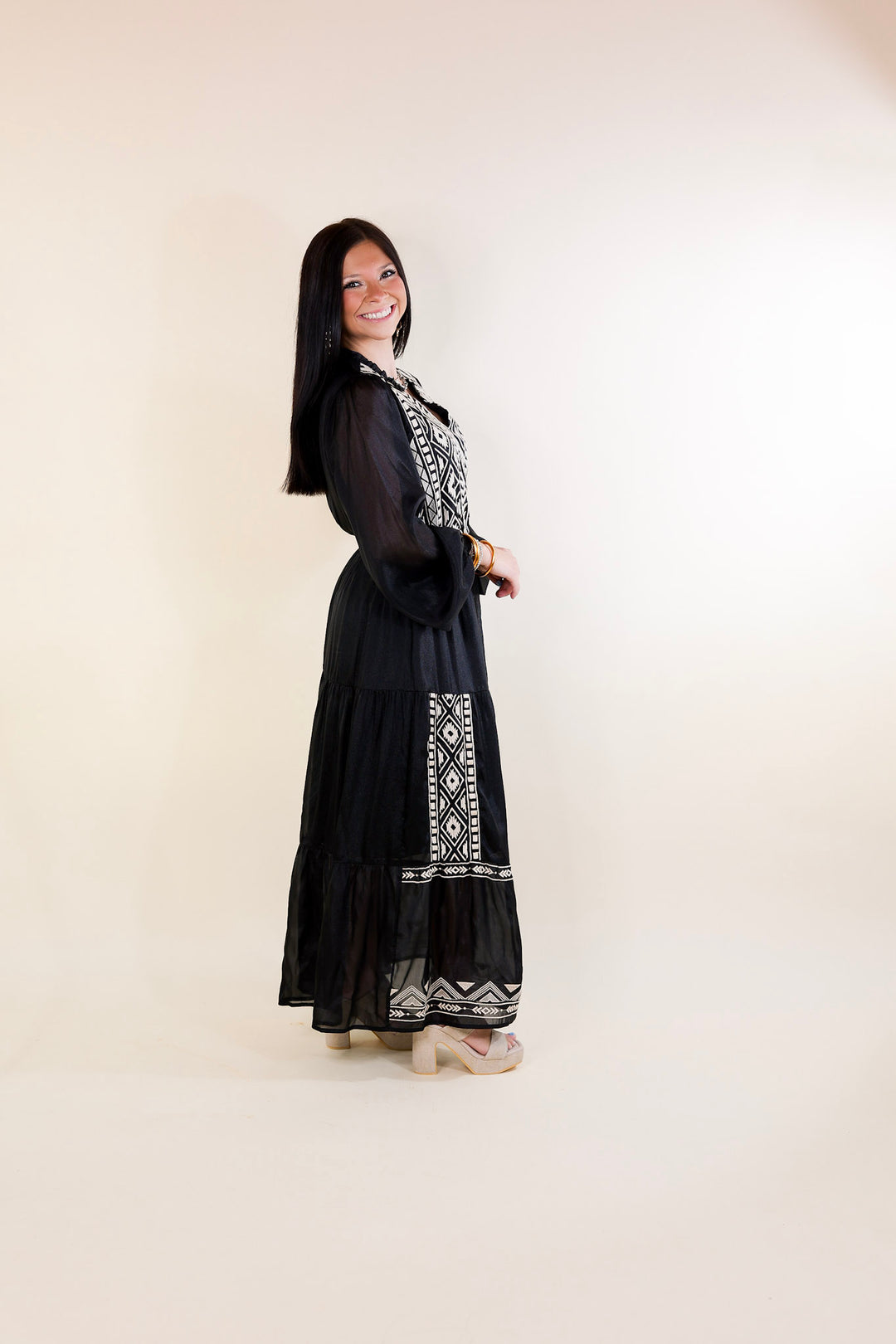 Bring The Drama Ivory Embroidered Maxi Dress with Long Sleeves in Black