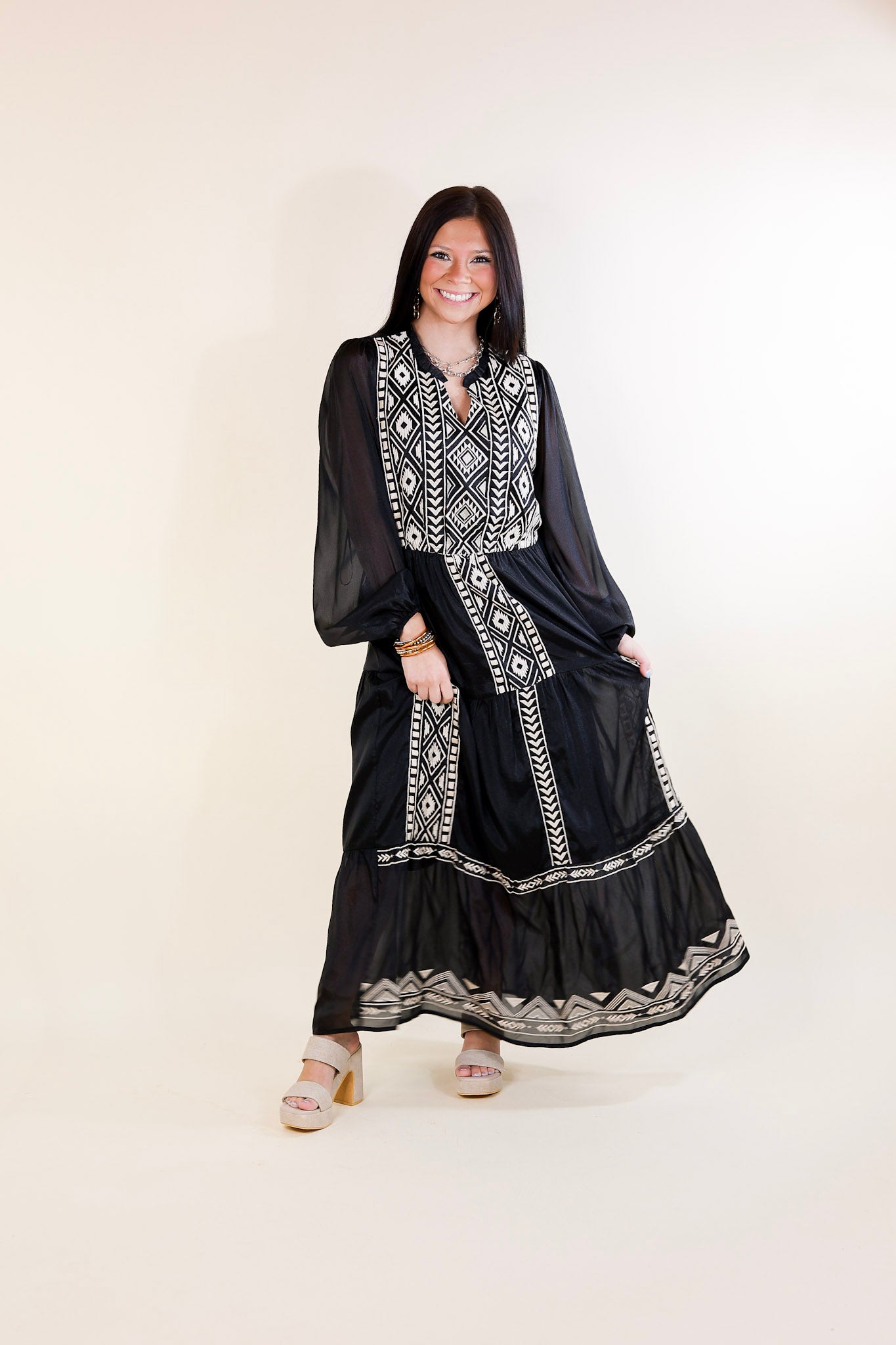 Bring The Drama Ivory Embroidered Maxi Dress with Long Sleeves in Black