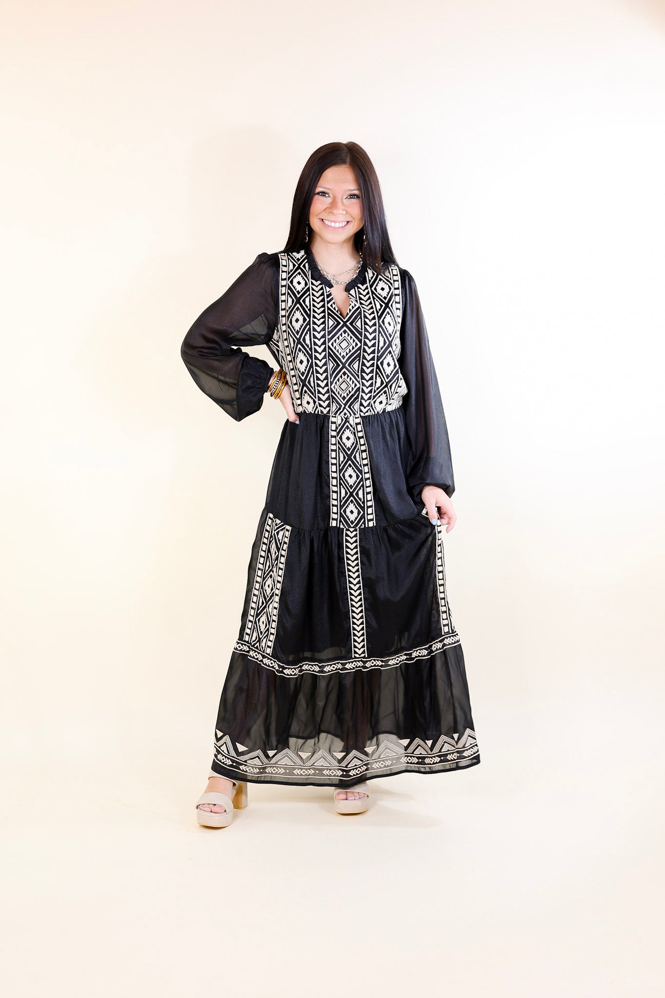 Bring The Drama Ivory Embroidered Maxi Dress with Long Sleeves in Black