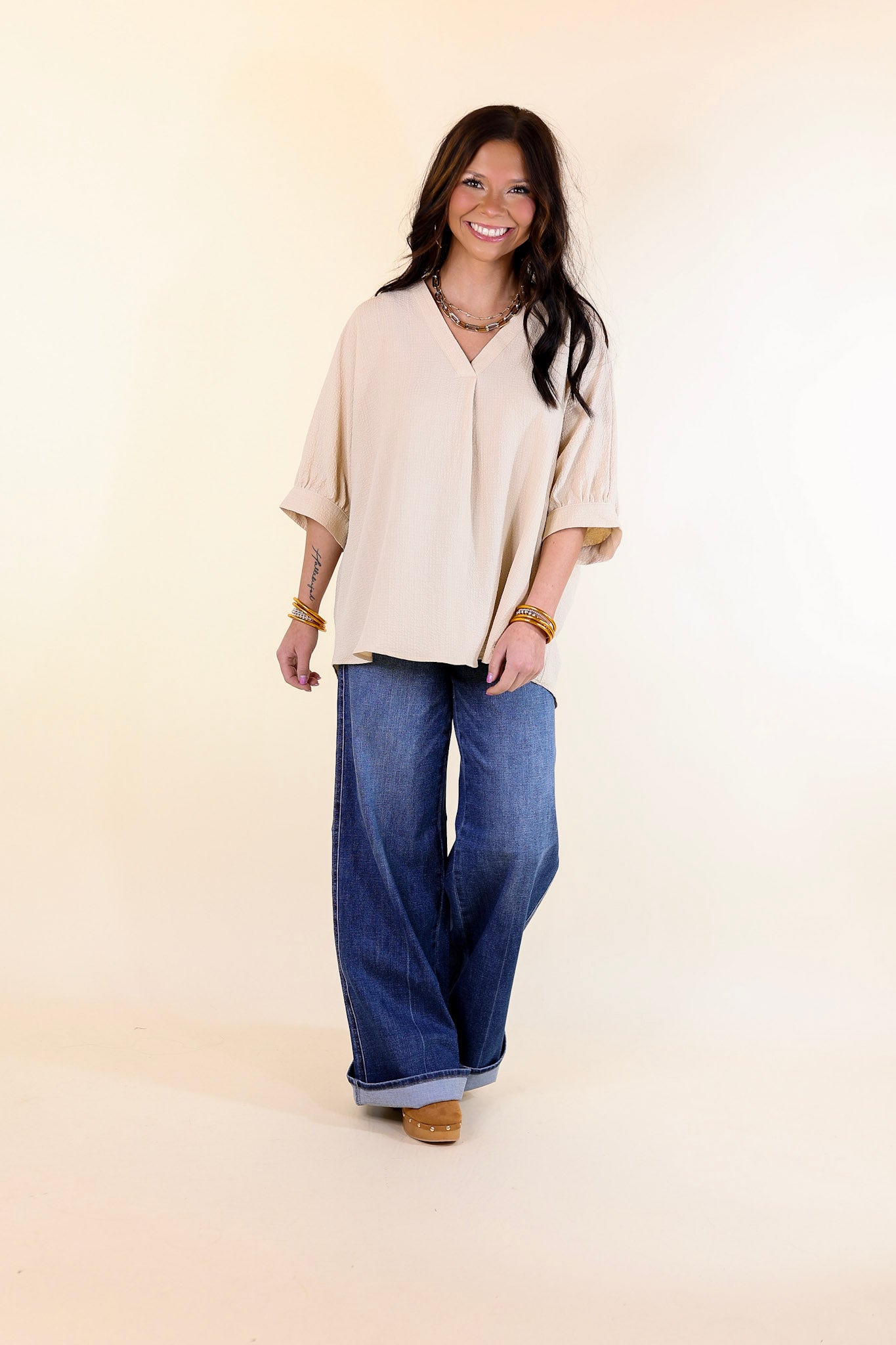 Chic and Charming V Neck Poncho Top with 3/4 Sleeves in Taupe