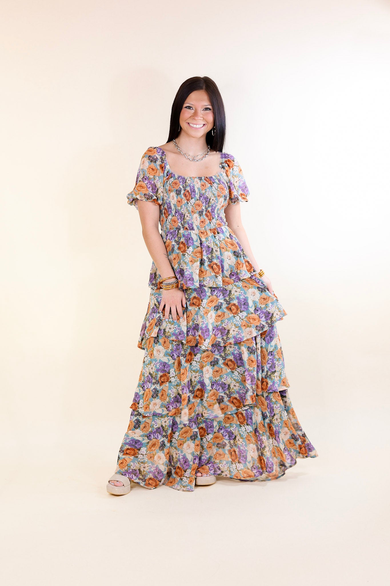 Fun Feeling Floral Tiered Maxi Dress with Smocked Balloon Sleeves in Blue Mix