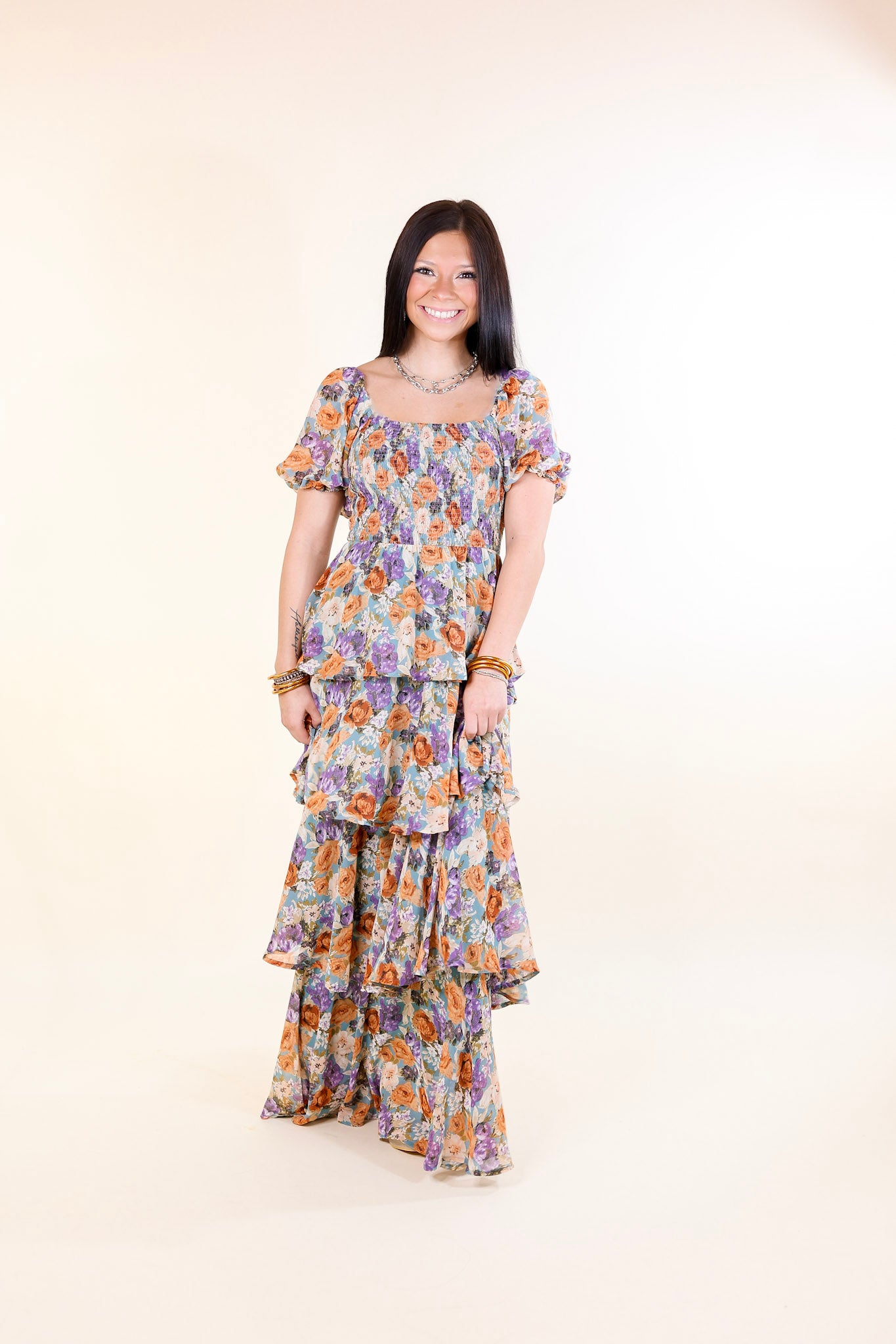 Fun Feeling Floral Tiered Maxi Dress with Smocked Balloon Sleeves in Blue Mix