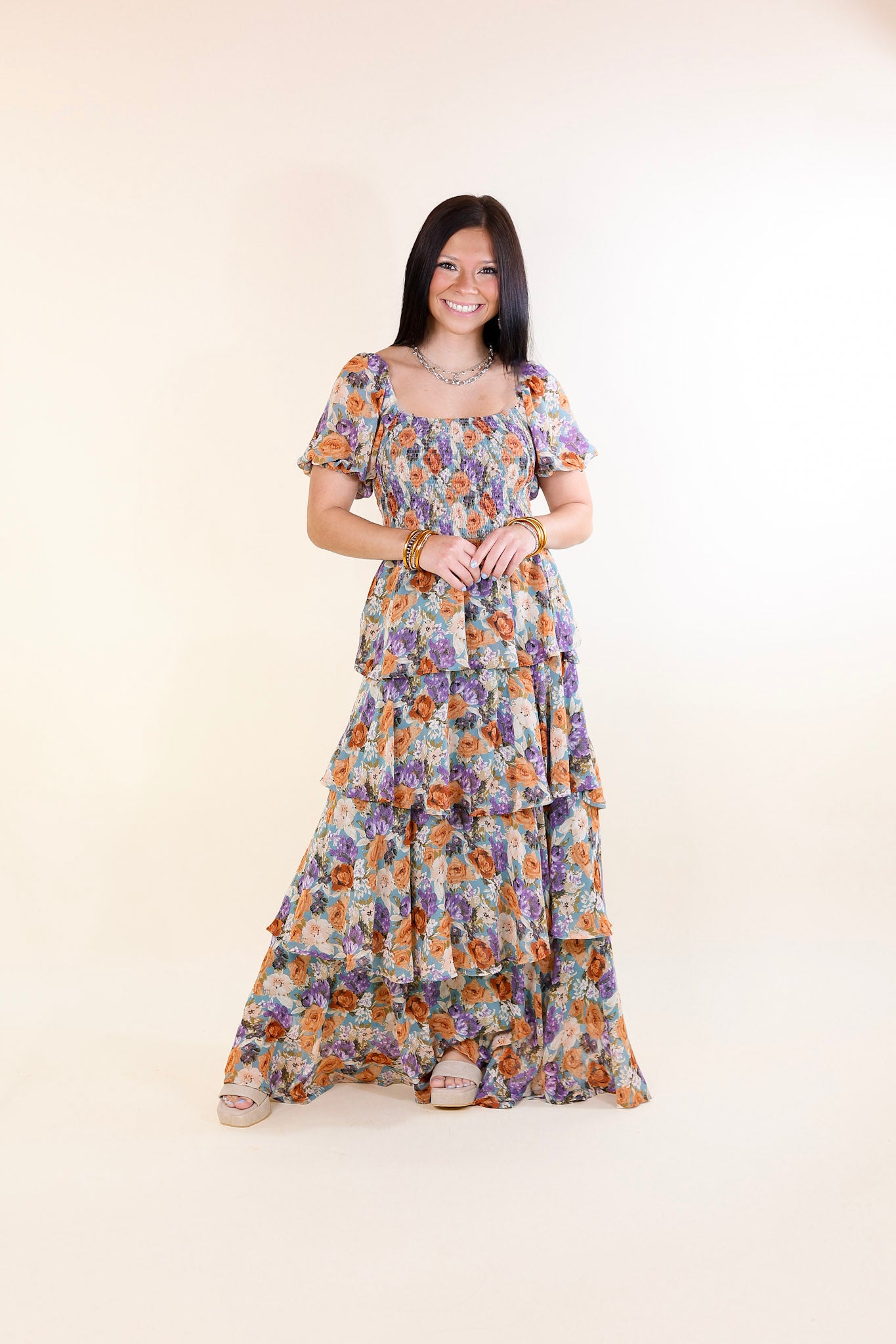 Fun Feeling Floral Tiered Maxi Dress with Smocked Balloon Sleeves in Blue Mix