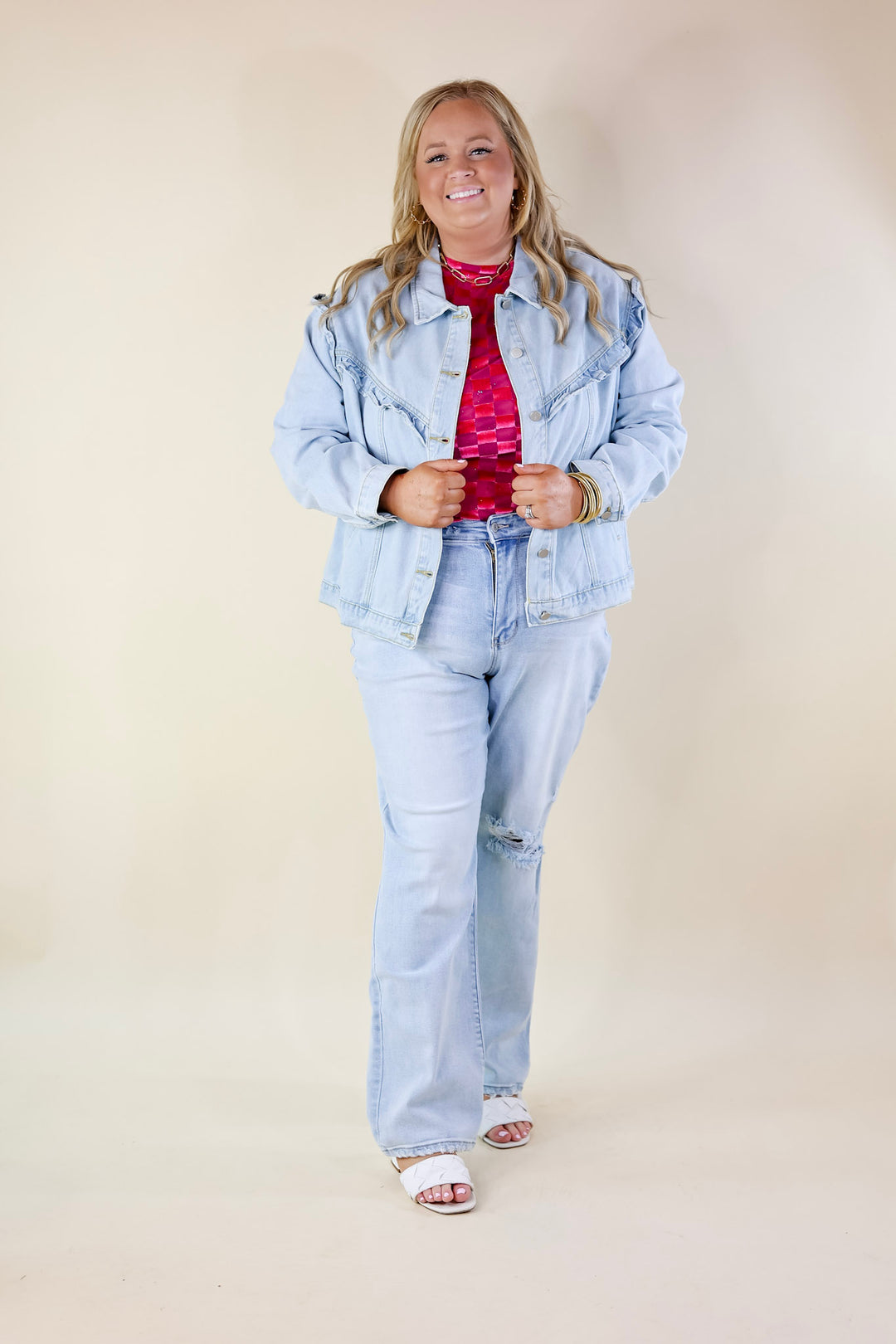 Sweeten the Deal Ruffle Detail Cropped Denim Jacket in Light Wash - Giddy Up Glamour Boutique