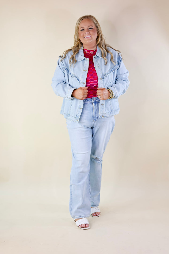 Sweeten the Deal Ruffle Detail Cropped Denim Jacket in Light Wash - Giddy Up Glamour Boutique