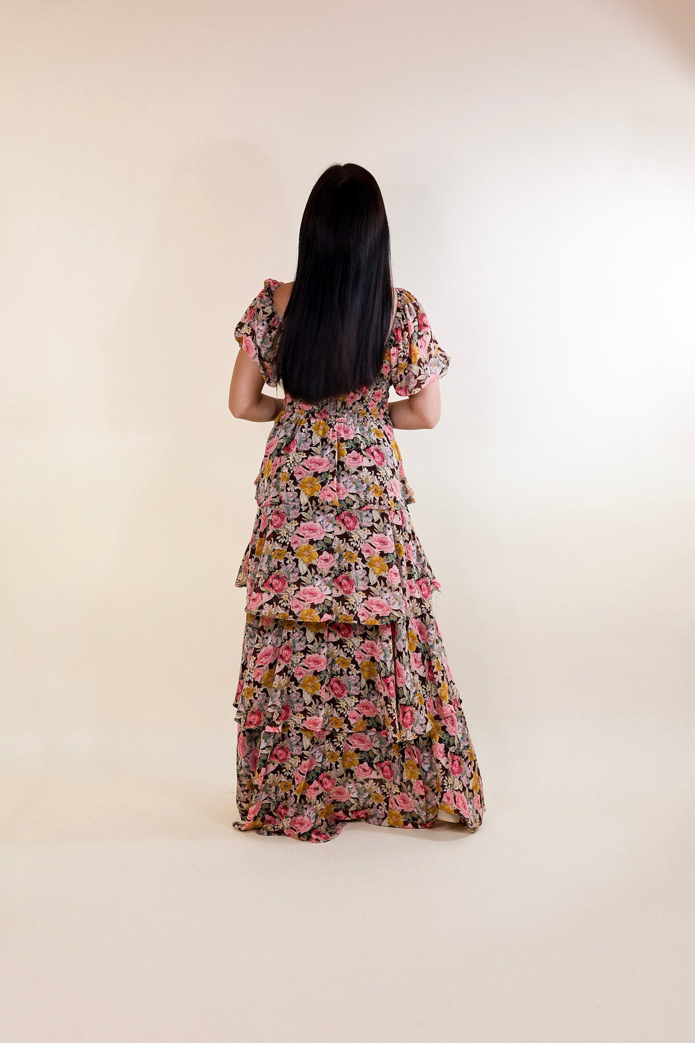 Fun Feeling Floral Tiered Maxi Dress with Smocked Balloon Sleeves in Brown Mix