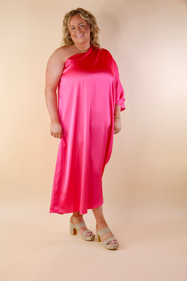 Sweet Romance One Shoulder Satin Drape Midi Dress in Hot Pink - Giddy Up Glamour Boutique
