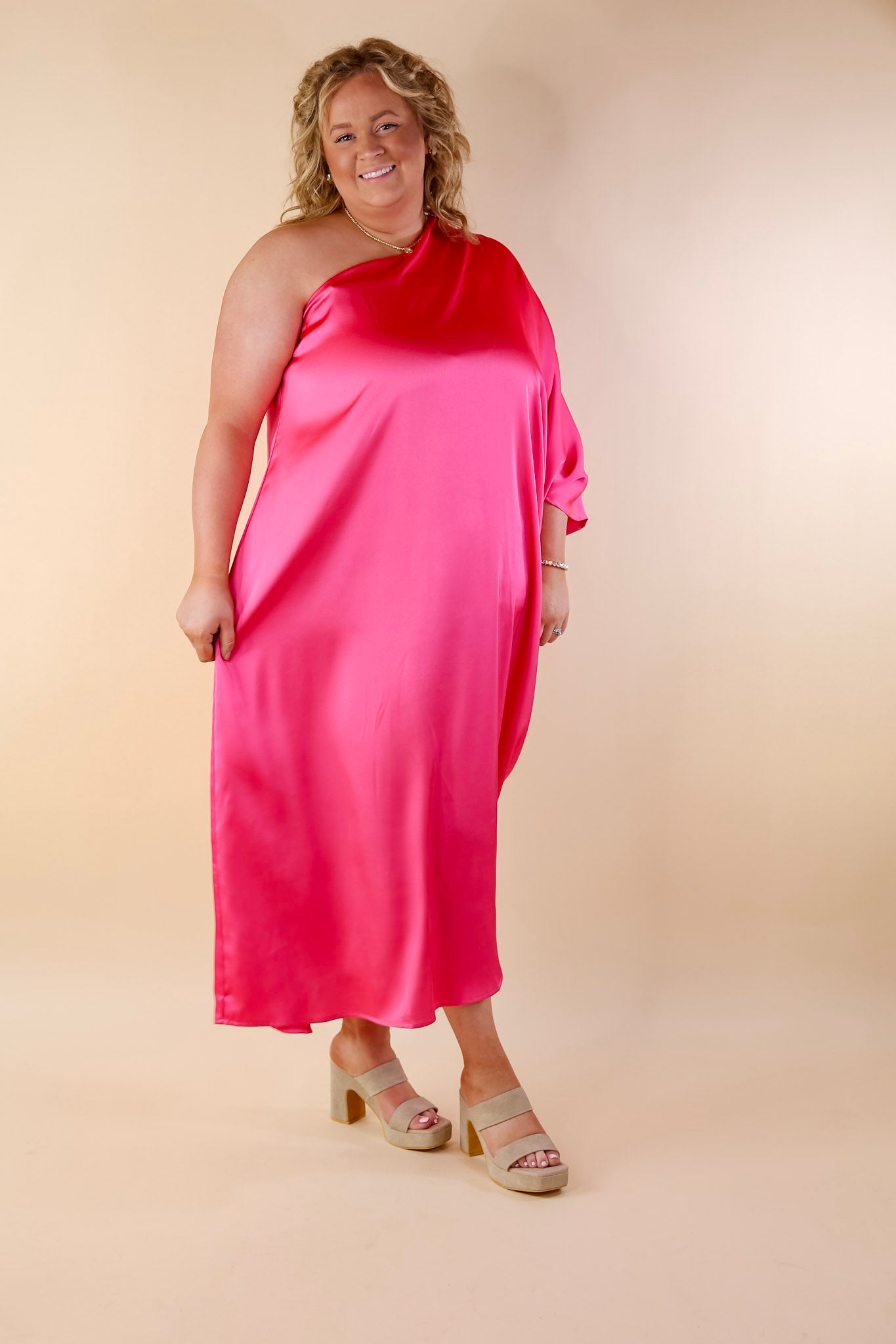 Sweet Romance One Shoulder Satin Drape Midi Dress in Hot Pink - Giddy Up Glamour Boutique