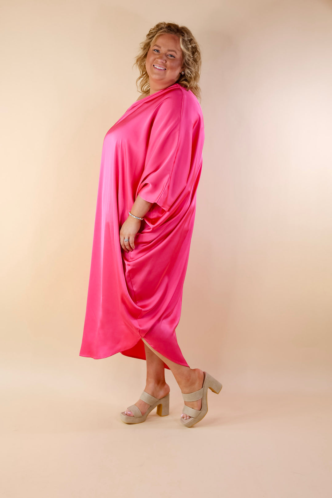 Sweet Romance One Shoulder Satin Drape Midi Dress in Hot Pink - Giddy Up Glamour Boutique