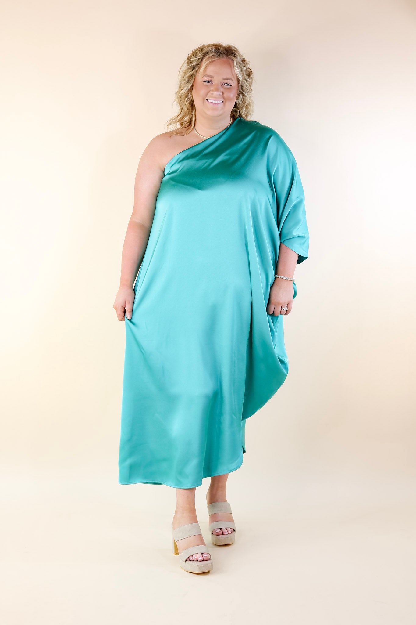 Sweet Romance One Shoulder Satin Drape Midi Dress in Turquoise - Giddy Up Glamour Boutique
