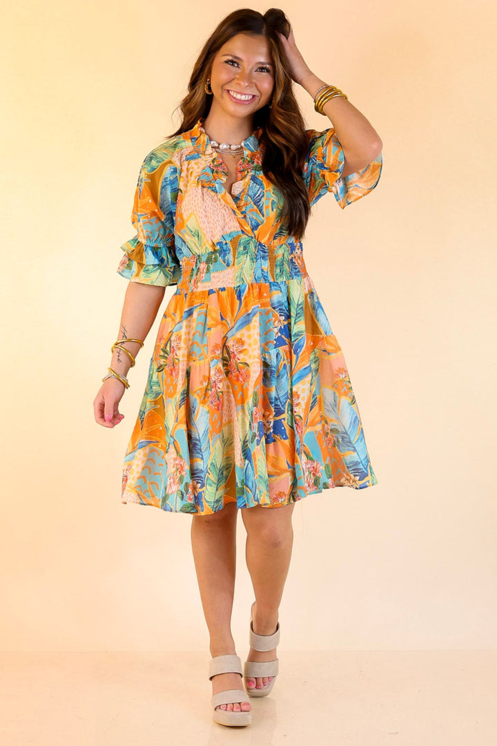 Sweet as Sundown Floral Print Dress With Smocked Waist in Orange Mix