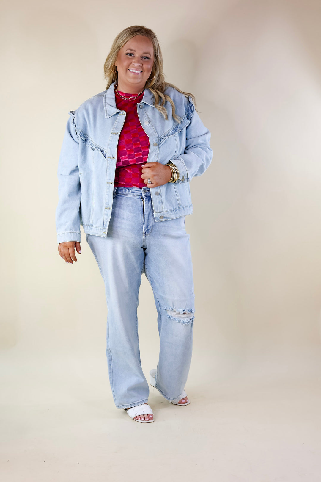 Sweeten the Deal Ruffle Detail Cropped Denim Jacket in Light Wash - Giddy Up Glamour Boutique