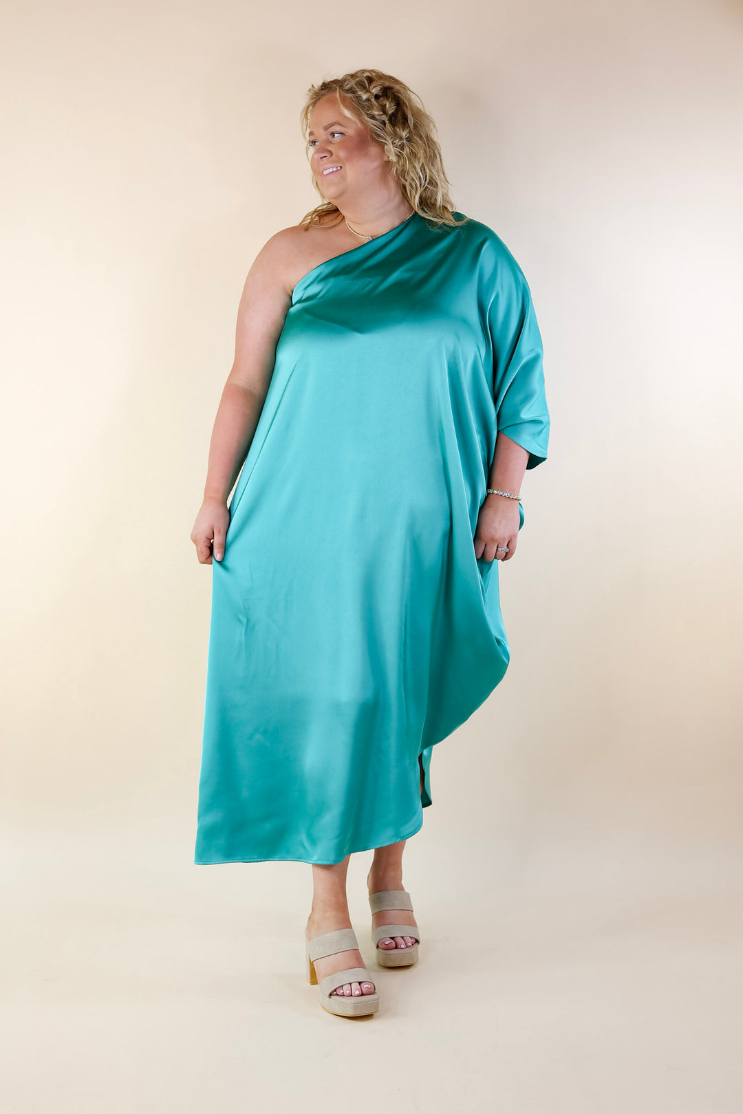 Sweet Romance One Shoulder Satin Drape Midi Dress in Turquoise - Giddy Up Glamour Boutique