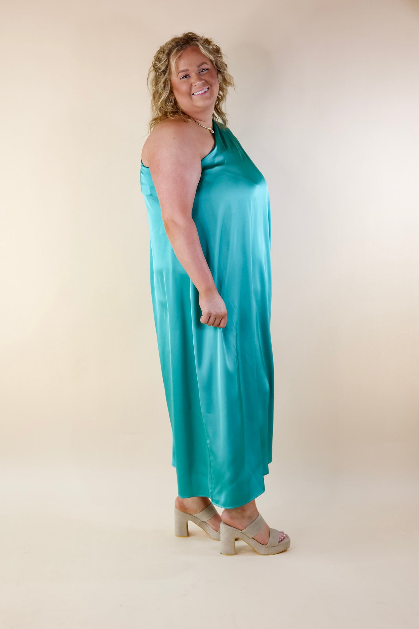Sweet Romance One Shoulder Satin Drape Midi Dress in Turquoise - Giddy Up Glamour Boutique