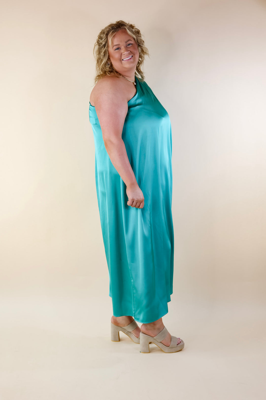 Sweet Romance One Shoulder Satin Drape Midi Dress in Turquoise - Giddy Up Glamour Boutique
