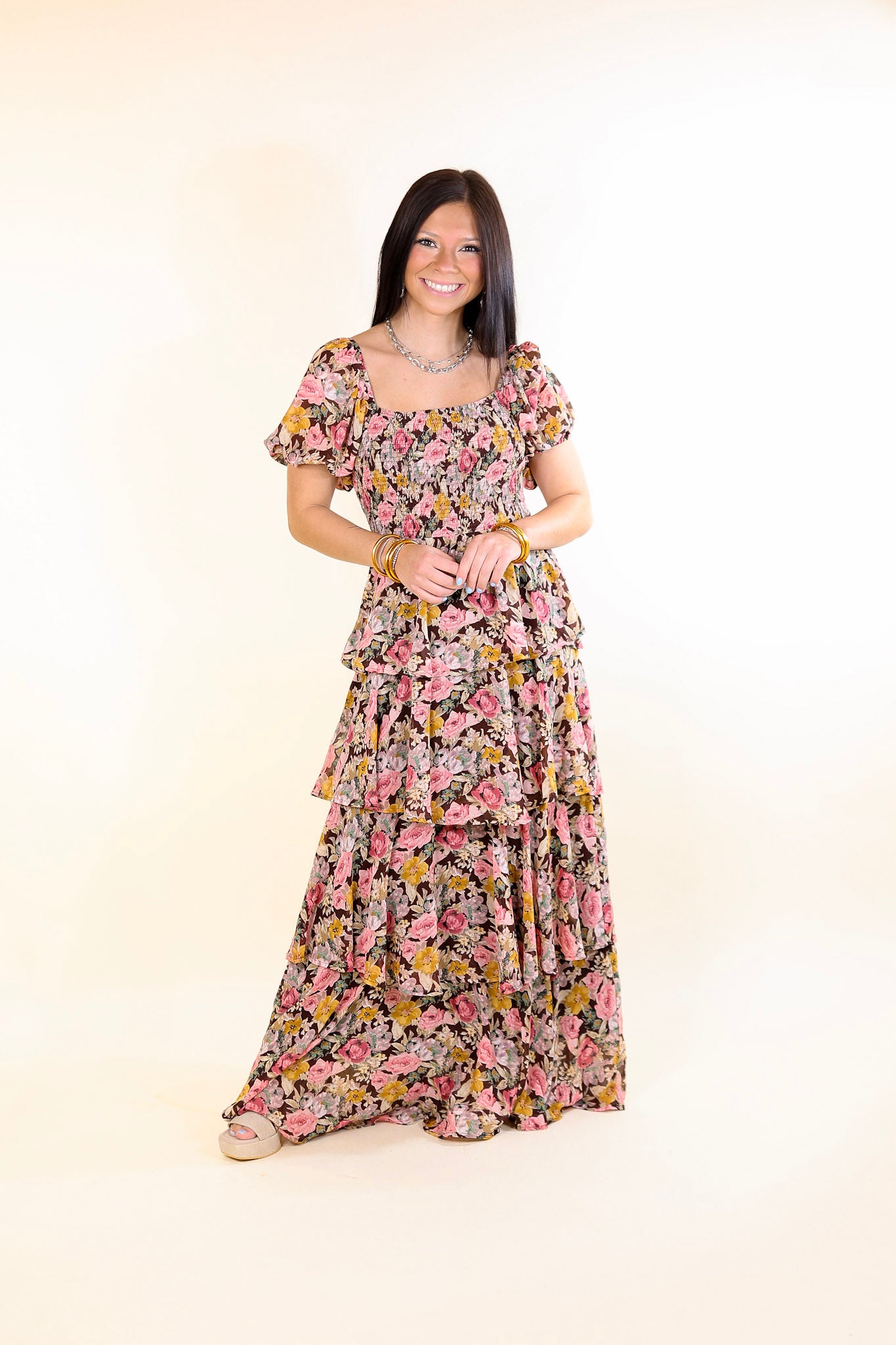 Fun Feeling Floral Tiered Maxi Dress with Smocked Balloon Sleeves in Brown Mix