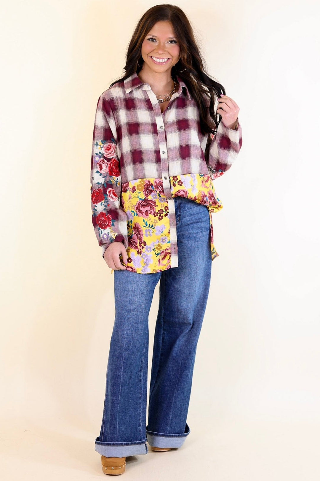 Crisp Air Charm Plaid and Floral Print Long Sleeve Top with Embroidery in Maroon and Mustard Yellow