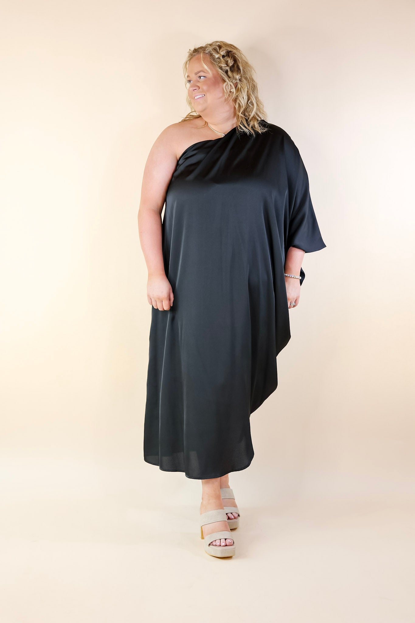 Sweet Romance One Shoulder Satin Drape Midi Dress in Black - Giddy Up Glamour Boutique