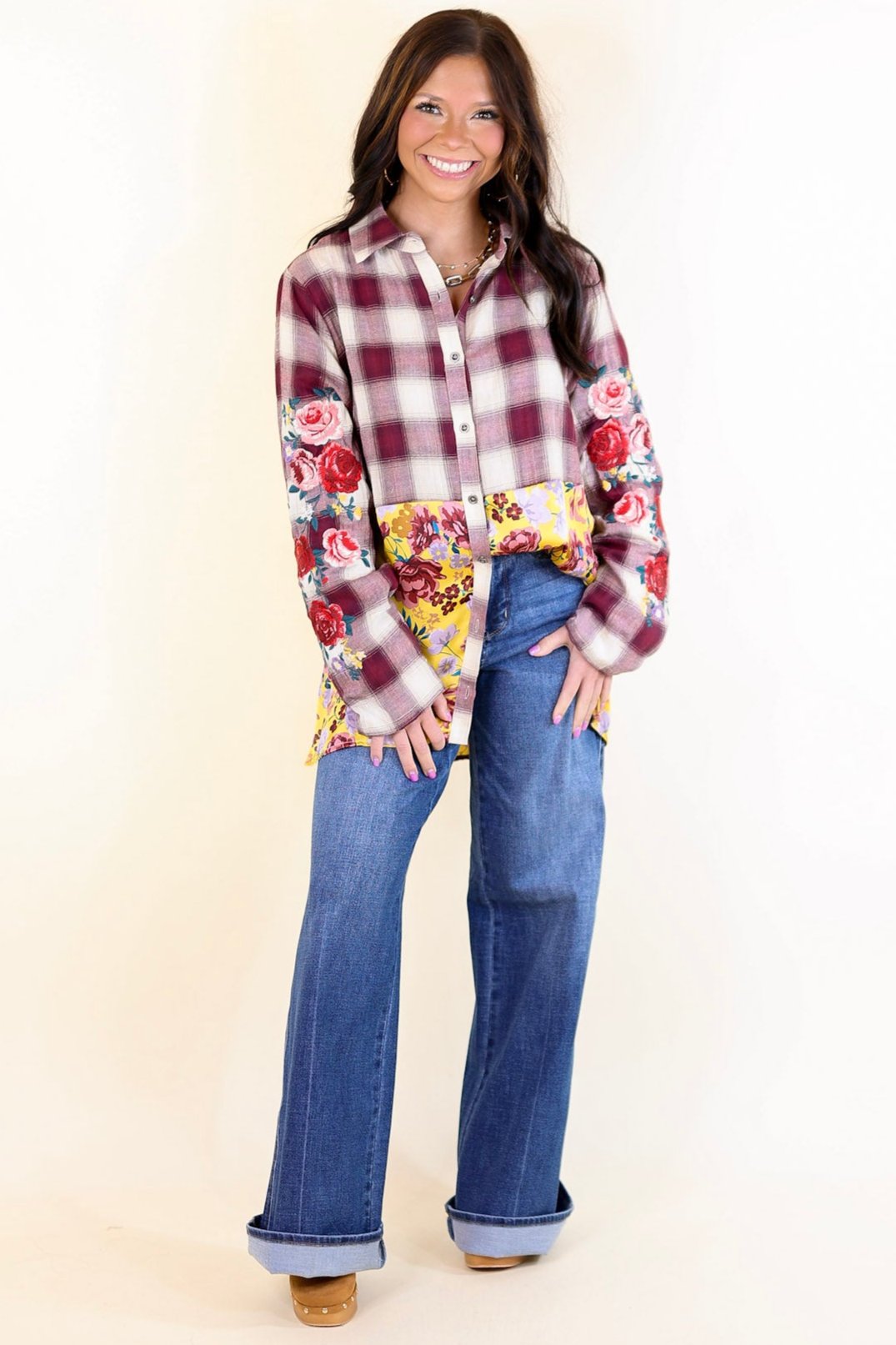 Crisp Air Charm Plaid and Floral Print Long Sleeve Top with Embroidery in Maroon and Mustard Yellow