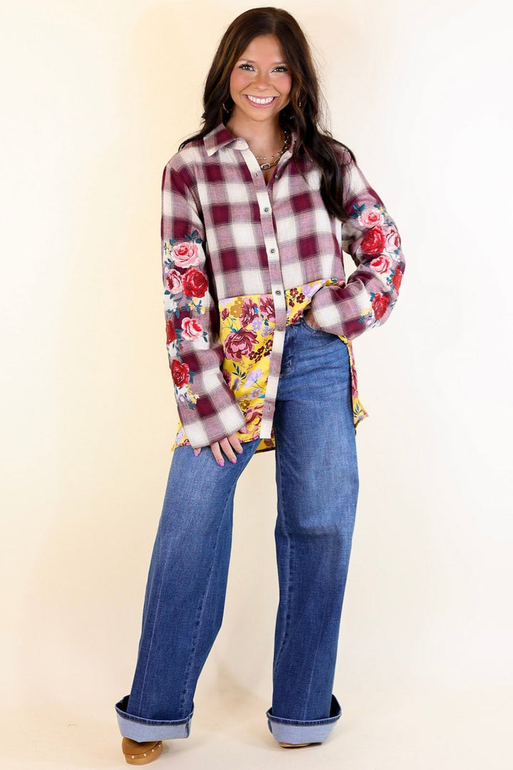 Crisp Air Charm Plaid and Floral Print Long Sleeve Top with Embroidery in Maroon and Mustard Yellow