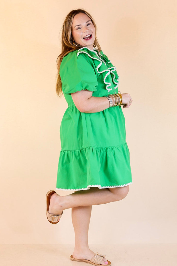 Frill Seeker A-Line Dress with Crochet Trim and Ruffle Detail in Green