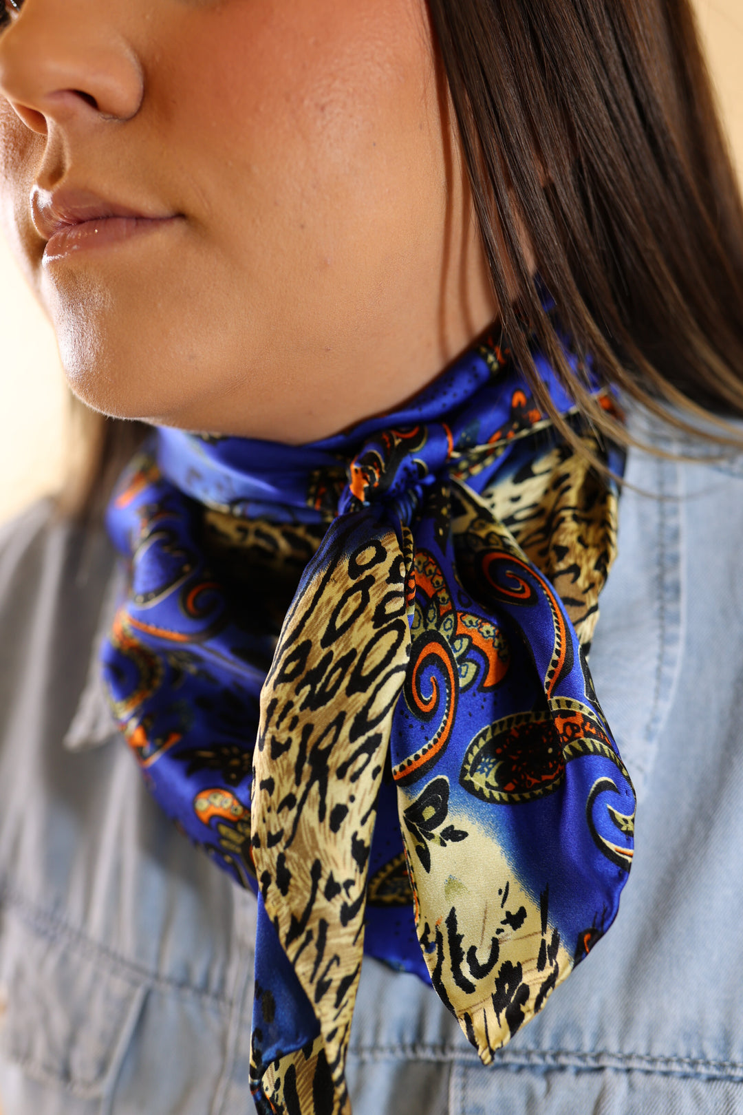 Paisley Peacock Charmeuse Wild Rag in Royal Blue - Giddy Up Glamour Boutique