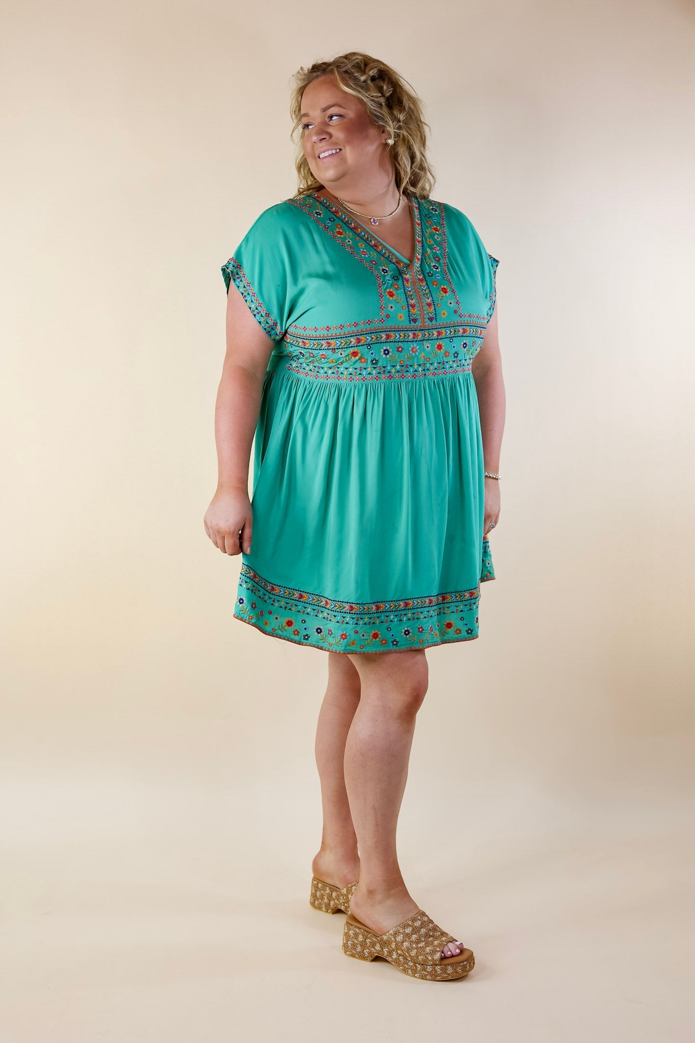 Passing Through V Neck Embroidered Dress with Short Sleeves in Mint Green - Giddy Up Glamour Boutique