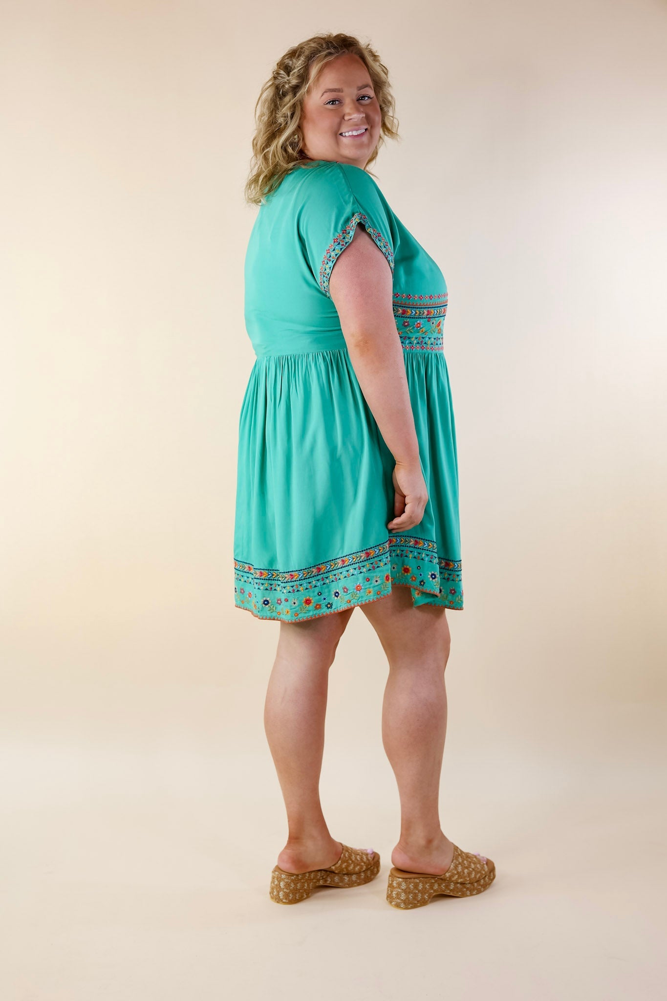 Passing Through V Neck Embroidered Dress with Short Sleeves in Mint Green - Giddy Up Glamour Boutique